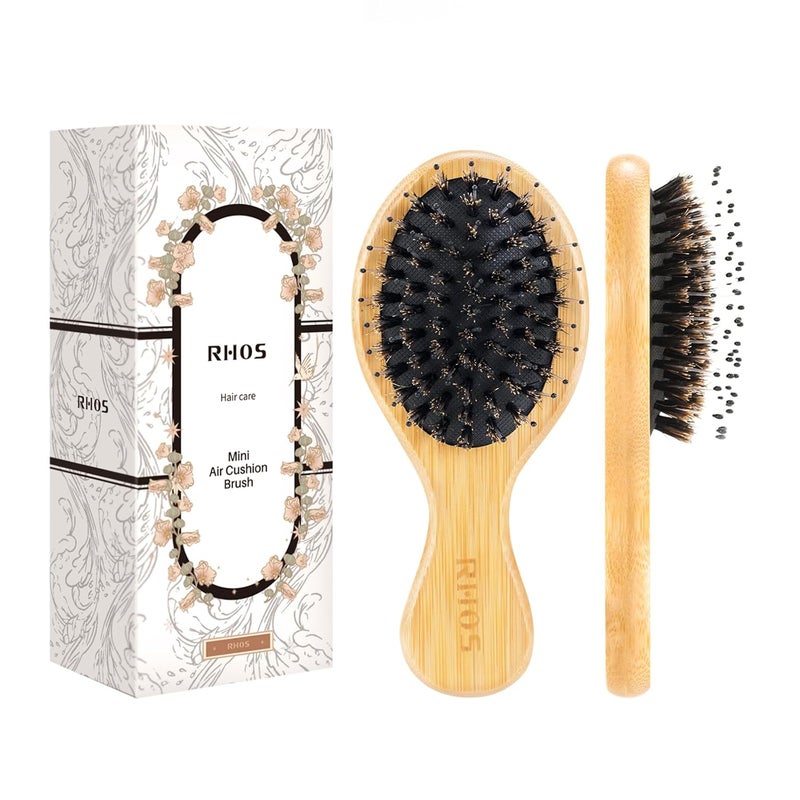 RHOS Mini Boar Bristle Hair brush for Women/Men/Kids-Small bamboo Paddle Brush for Smoothing/Detangling/Adding Shine-Travel Size bamboo Hair Brush for Pocket,Bag - Image 1